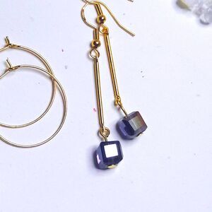 Purple Glass Antique Gold Hooks Hidden Meaning earrings Neo Deco , Glitchy  523■